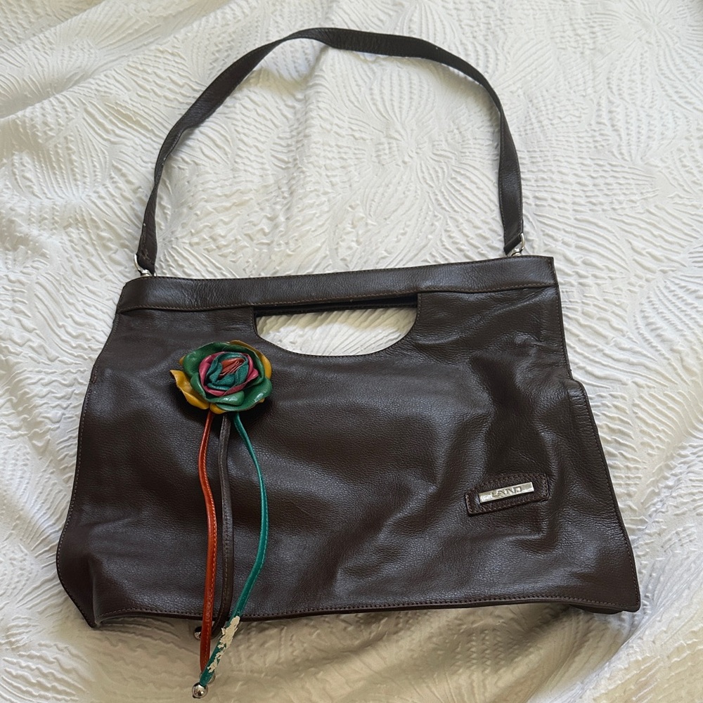 Brown Leather Shoulder Bag with Floral Accent